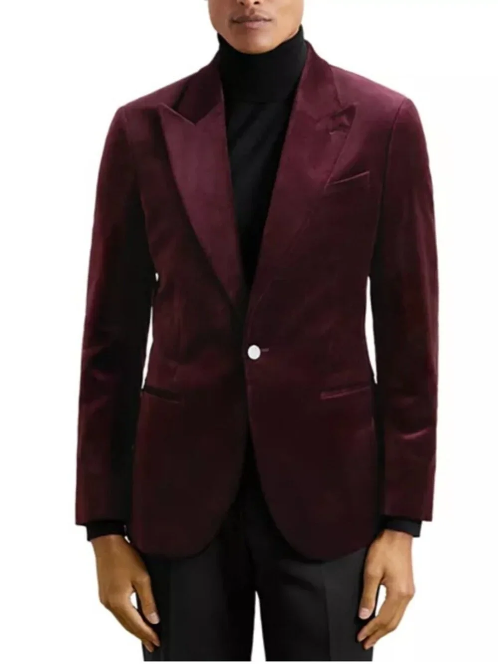 New Reiss Apsara Bordeaux Wine Velvet Blazer Men 44 Peak Lapel Jacket Sportscoat